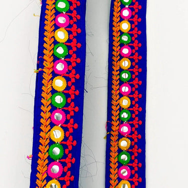 Royal Blue Indian Mirror Trim Kutch Embroidered Navratri Garba Dress Trim Bridal Lace, Sari Border 35 mm Wide Trim Per 3 Yards